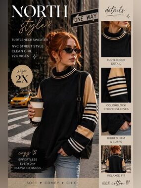 North Style Black Turtleneck Sweater Size 2X Colorblock Sleeve